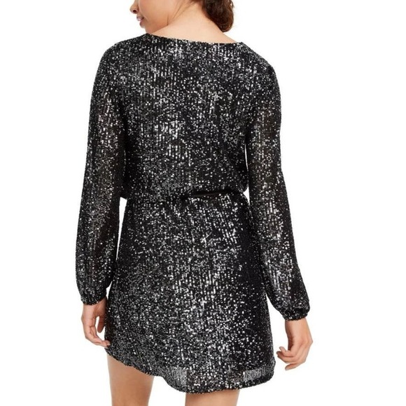 Women's Black Sequined Long Sleeve Blouson Mini Dress, Juniors size XS - Picture 3 of 16